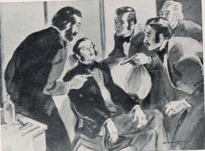 Representação de uma das extrações dentárias realizada por Horace Wells.