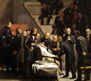 Quadro do pintor Roberto Hinckleu, de 1882, reproduzindo a cena da operação realizada com anestesia geral pelo éter em 16/10/1846.